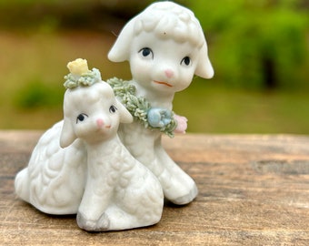 Mama Sheep and Baby Lamb Figurine 9877 Spaghetti Flowers Sweet Shadowbox Miniature Farmhouse Inspired Tiered Tray Decor