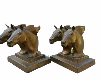 Double Horse Head Cast Metal Bookend Pair Signed Frankart Classic Art Deco Design Farmhouse Inspired Mantle Decor Book Case Organization