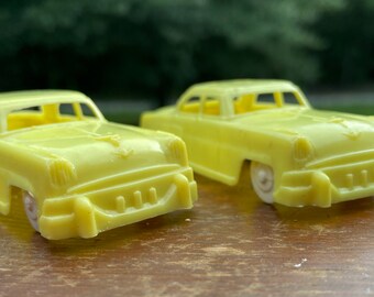 2 Plasticville USA Yellow Cars Sedan Model Car Mid Century Nostalgic Plastic Car Collector Tiered Tray Decor Shelf Sitter