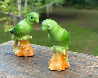 2 Small Green Parrot Figurines Tropical Birds Fairy Garden Terrarium Decor Farmhouse Inspired Tiered Tray Bird Collectible Kitschy