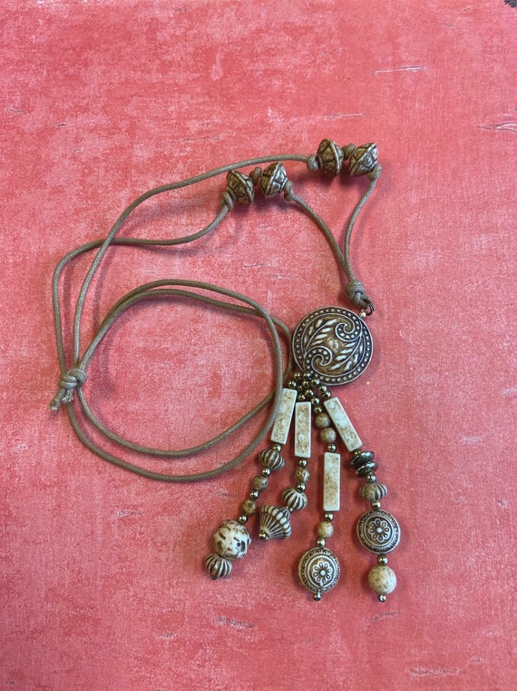 Boho Tassel Necklace Carved Wooden Beads Fun Hipp… - image 1