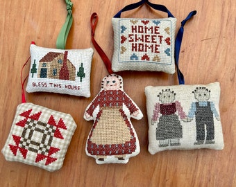 5 Cross Stitched Prim Ornaments Home Sweet Home Bowl Fillers Farmhouse Inspired