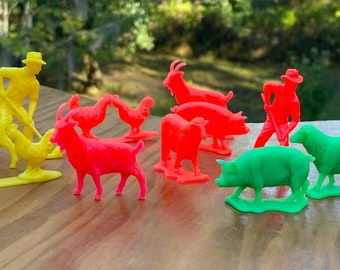 11 Plastic Farm Animal Toys Orange Green Yellow Animals Farmhouse Inspired Tiered Tray Decor Diorama Animals
