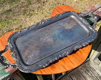 Large Ornate Footed Silver Plated Serving Tray Fancy Table Centerpiece Tray Farmhouse Inspired Buffet Table Service Tray