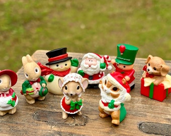 Set of 8 Hallmark Christmas Miniatures Santa Claus Snowman Christmas Mice Rabbits Holiday Shadowbox Farmhouse Inspired Tiered Tray Decor