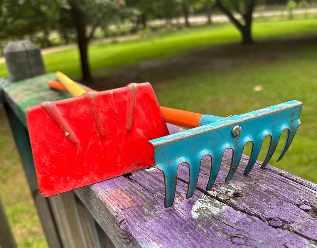 Vintage Toy Garden Tools Blue Garden Rake Red Garden Hoe Fun Whimsical ...