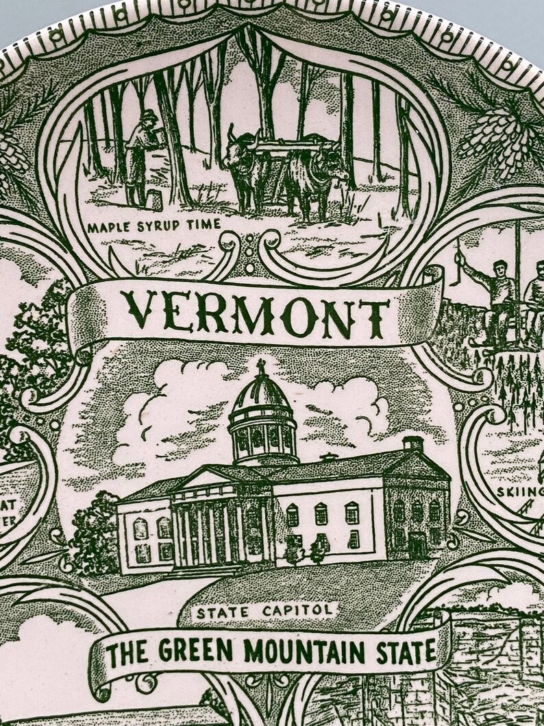 Vermont Collectible Plate Road Trip Vermont Souvenir Plate Farmhouse Gallery Wall Green and White Decorative Plate