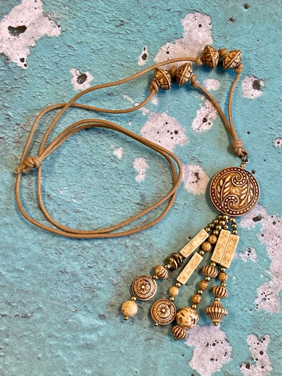 Boho Tassel Necklace Carved Wooden Beads Fun Hipp… - image 2