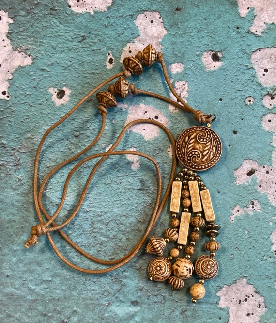 Boho Tassel Necklace Carved Wooden Beads Fun Hipp… - image 3