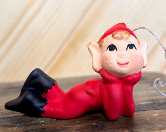Vintage Red Pixie Christmas Ornament Mid-Century Kitsch Decor
