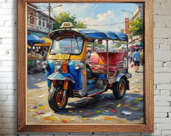 Pintura al óleo de un vibrante tuk-tuk de Bangkok / Arte callejero impresionista tailandés / Descarga digital