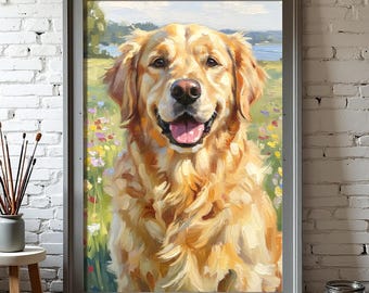 Lámina vintage de golden retriever: arte retro para pared (descarga digital)