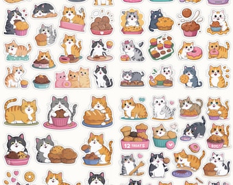 Pegatinas de panadería para gatos: 58 pegatinas de comida kawaii de gatitos (descarga digital)
