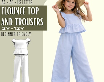 Kids Peplum Ruffle Top and Trousers Sewing Pattern PDF, Beginner Friendly Girls Clothing Pattern, Flounce Top and Wide Leg, Summer Outfit