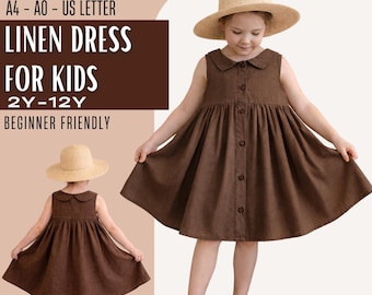 Linen Girl Dress Sewing Pattern PDF, Minimalist Toddler Dress Pattern, Gathered Waist Woven Dress, Peter Pan Collar Kids Pattern 2-12Y
