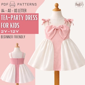 May include: A pink and white tea-party dress for children, shown on a mannequin. The dress has a large bow on the bodice and smaller bows on the straps. The text "TEA-PARTY DRESS FOR KIDS" and "2Y-12Y" is visible.