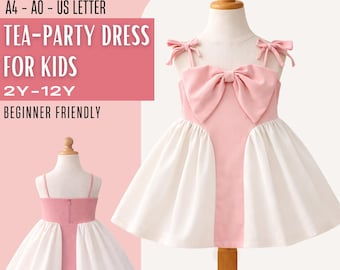 Girls Tea Party Dress PDF Sewing Pattern, Big Bow Bodice Spaghetti Strap Design, Two Tone Full Skirt, Instant Download, Sizes 2 to 12 Years