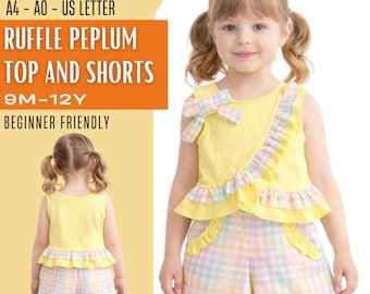 Easy Girls Ruffle Peplum Top Shorts Set PDF, Overlapped Bow Design Summer Outfit Pattern, Baby Toddler Kids Sizes 6M to 12 Years