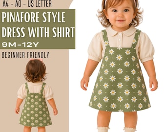 Girls Pinafore Dress Puff Sleeve Blouse PDF Sewing Pattern, 2 in 1 Baby Toddler Set, Peter Pan Collar, Instant Download, 9 Mo to 12 Yrs