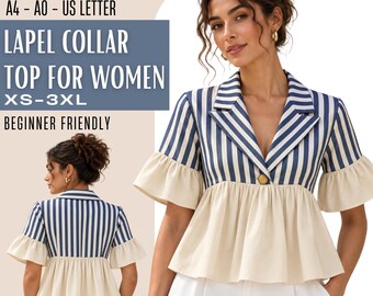 Peplum Blouse Sewing Pattern PDF, Notched Lapel Collar Flutter Sleeve Top, Beginner Friendly, Sizes XS-XXXL, A4 A0 Us Letter Printable