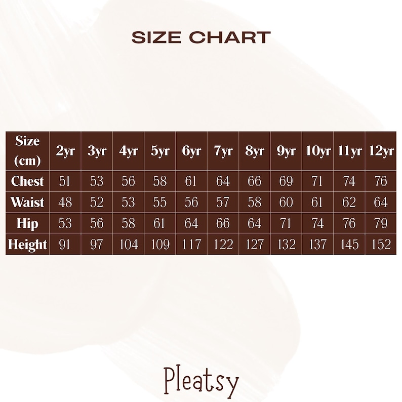 Puede incluir: Una tabla de tallas para ropa de ni&ntilde;os, con medidas en cent&iacute;metros. La tabla incluye medidas de pecho, cintura, cadera y altura para tallas de 2 a&ntilde;os a 12 a&ntilde;os. El texto "SIZE CHART" est&aacute; en la parte superior y la marca "Pleatsy" en la inferior.