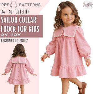 Op de afbeelding: Een roze jurk met lange mouwen, een matrozenkraag en kanten afwerking. De achterkant heeft een verticale rij van vier knopen. De tekst op de afbeelding luidt: PDF PATTERNS, A4 - A0 - US LETTER, SAILOR COLLAR FROCK FOR KIDS, 2Y-12Y, BEGINNER FRIENDLY, Pleatsy.