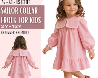 Girls Sailor Collar Dress PDF Sewing Pattern, Lace Trim Ruffle Hem Dress, Long Puff Sleeve Kids Frock, Sizes 2-12Y, Instant Download