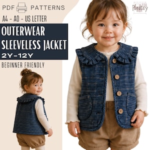 Peut inclure: Un patron de couture PDF pour une veste sans manches en tailles 2Y-12Y, avec un tissu à carreaux bleu et noir, un col à volants et quatre boutons en bois. Le texte indique : PDF PATTERNS, A4-A0-US LETTER, OUTERWEAR SLEEVELESS JACKET, 2Y-12Y, BEGINNER FRIENDLY.