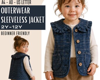 Kids Vest Sewing Pattern PDF, Girls Ruffle Collar Button Front Lined Waistcoat, Beginner Friendly, Sizes 2Y-12Y, A4 A0 US Letter Printable