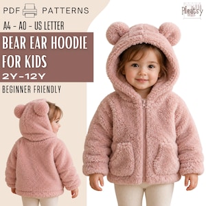 May include: A dusty pink faux fur zip-up hoodie for kids featuring a hood with two rounded bear ears and two front pockets. The text on the image reads: PDF PATTERNS, A4 - A0 - US LETTER, BEAR EAR HOODIE FOR KIDS, 2Y-12Y, BEGINNER FRIENDLY, Pleatsy.