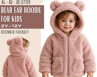 Kids Bear Ear Hooded Jacket Sewing Pattern PDF, Girls Teddy Fleece Zip Up Lined Coat, Beginner Friendly, Sizes 2Y-12Y, A4 A0 US Letter
