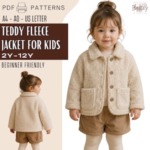 May include: A beige teddy fleece jacket for kids featuring a collared neckline, long sleeves, four front buttons, and two patch pockets. The text on the image reads PDF PATTERNS, A4 - A0 - US LETTER, TEDDY FLEECE JACKET FOR KIDS, 2Y-12Y, BEGINNER FRIENDLY.