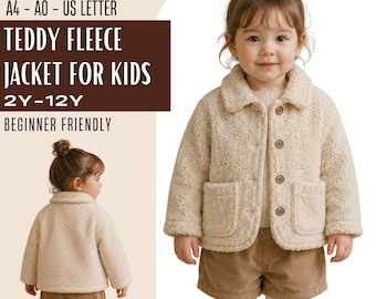 Kids Teddy Jacket Sewing Pattern PDF, Girls Sherpa Fleece Collar Button Up Lined Coat, Beginner Friendly, Sizes 2Y-12Y, A4 A0 US Letter