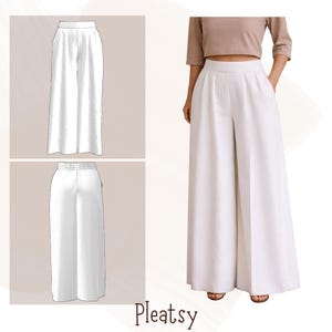 May include: White wide-leg pants with pleats, shown in a front view, back view, and on a person. The pants have a high waist and pockets. The word "Pleatsy" is written in a script font at the bottom of the image.