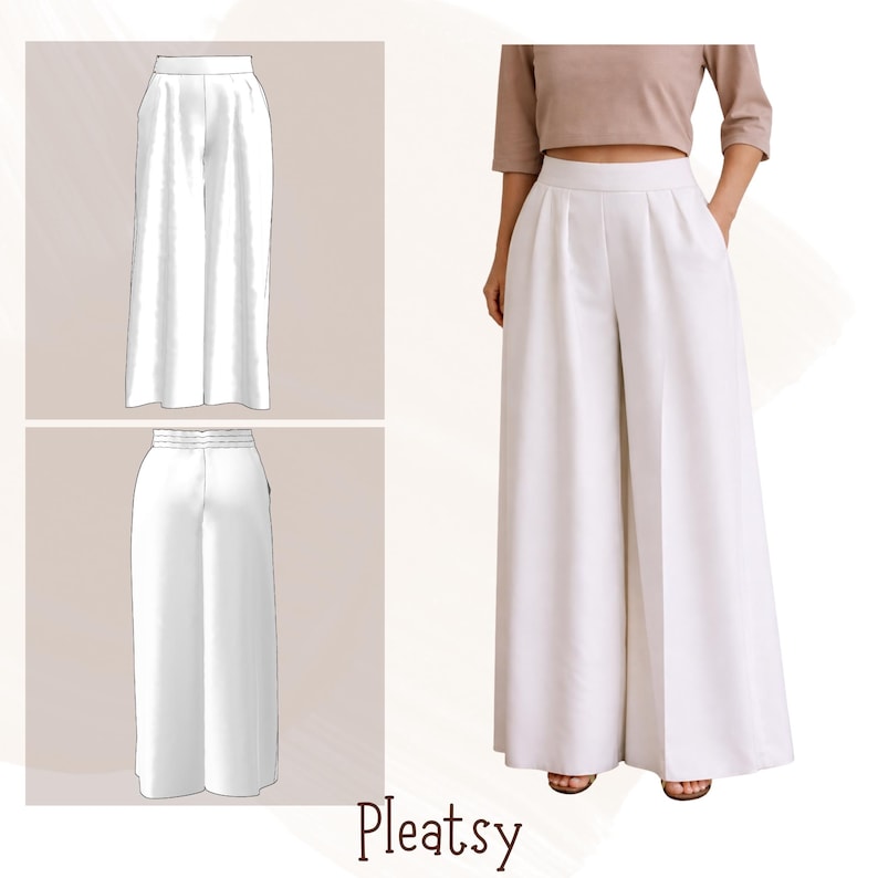 May include: White wide-leg pants with pleats, shown in a front view, back view, and on a person. The pants have a high waist and pockets. The word "Pleatsy" is written in a script font at the bottom of the image.
