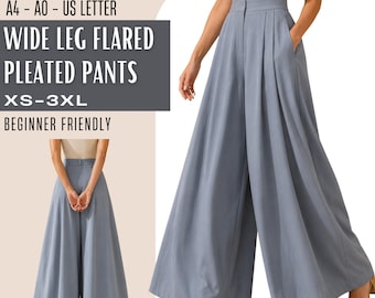 Wide Leg Pants Sewing Pattern PDF, High Waist Pleated Palazzo Trousers, Fly Front Pockets, Women Sizes XS-3XL, A4 A0 US Letter Printable