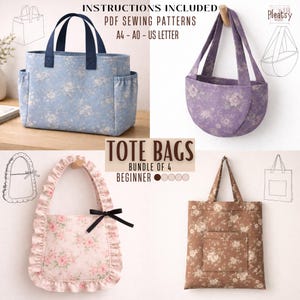 May include: Image of four tote bags with floral patterns. The bags are in various colors, including blue, purple, pink, and brown. The image includes text that says "Tote Bags Bundle of 4 Beginner" and "Instructions Included PDF Sewing Patterns A4 - A0 - US Letter".