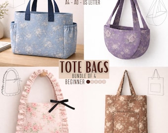 Tote Bag Sewing Pattern PDF, Handbag Pattern, Canvas Shopper Bags, Beginner-Friendly Ruffled Tote Bag, Half Moon Bag, Instant Download