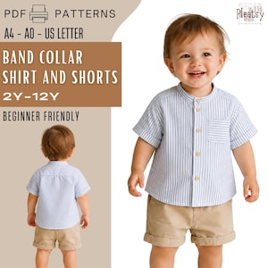 May include: A digital sewing pattern for a band collar shirt and shorts, featuring text that reads PDF PATTERNS, A4 - A0 - US LETTER, BAND COLLAR SHIRT AND SHORTS, 2Y-12Y, BEGINNER FRIENDLY, and Pleatsy. The shirt is light blue and white striped.