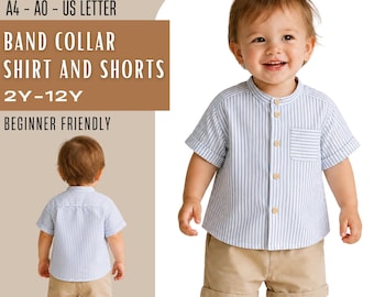 Drop Shoulder Boy Shirt Shorts PDF Sewing Pattern 2Y-12Y, Mandarin Collar Toddler Kids Outfit Set, Instant Download Print at Home Tutorial