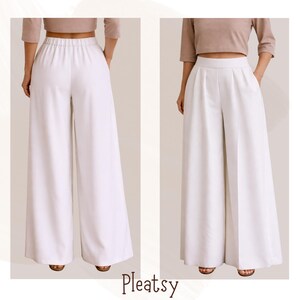 May include: Two views of white palazzo pants. The pants have a wide leg design and a high waist. The first view shows the back of the pants with an elastic waistband. The second view shows the front of the pants with pleats and pockets. The word "Pleatsy" is at the bottom.