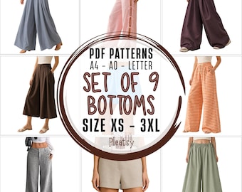 Women's Pants Sewing Pattern Bundle PDF, 9 Wide Leg Trousers Culottes Shorts, Palazzo Balloon Pleated, Beginner, XS-XXXL, A4 A0 Us Letter