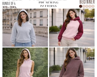 Hoodie Sewing Patterns For Women, Balloon Sleeve Hoodie, Standard Hoodie, Sleeveless Hoodie, Raglan Sleeve Hoodie, 7 Sizes, PDF Download