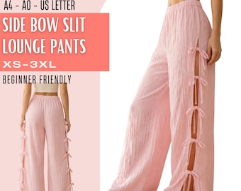 Wide Leg Pants Sewing Pattern PDF, Bow Tie Side Slit Trousers, Elastic Waist, Beginner Friendly, Women Sizes XS-3XL, A4 A0 US Letter