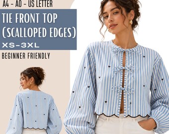 Tie Front Blouse Sewing Pattern PDF, Bow Crop Top with Balloon Sleeves, Scalloped Hem, Beginner Friendly, Sizes XS-XXXL, A4 A0 Us Letter