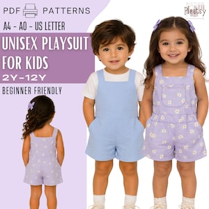 May include: Image of three children wearing playsuits. The playsuits are light blue and lavender with white daisy patterns. The image includes text that reads "UNISEX PLAYSUIT FOR KIDS 2Y-12Y BEGINNER FRIENDLY".