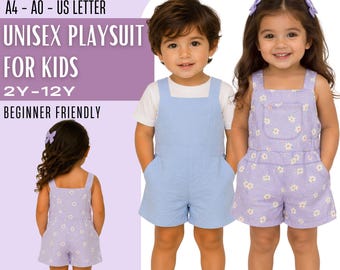 Unisex Kids Playsuit PDF Sewing Pattern, Boys Girls Short Jumpsuit Square Neck Pocket, Easy Beginner Toddler Design, Sizes 2-12 Years