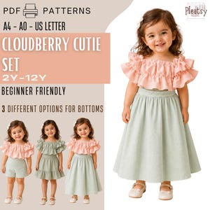 May include: A digital sewing pattern for the Cloudberry Cutie Set, featuring a light pink ruffled off-shoulder top paired with three bottom options: shorts, a ruffled skirt, or a long skirt in a soft sage green color, sized for ages 2Y-12Y.
