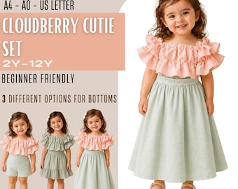 Ruffle Crop Top PDF Sewing Pattern, Girls Outfit Set 3 Bottoms 2Y to 12Y, Shorts Maxi Tiered Skirt Boho Toddler Instant Download