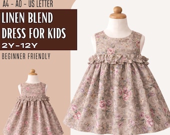 Girls Ruffle Waist Dress Sewing Pattern PDF, Vintage Floral Full Skirt Design, Round Neck Kids Dress, Instant Download Sizes 2 to 12 Years